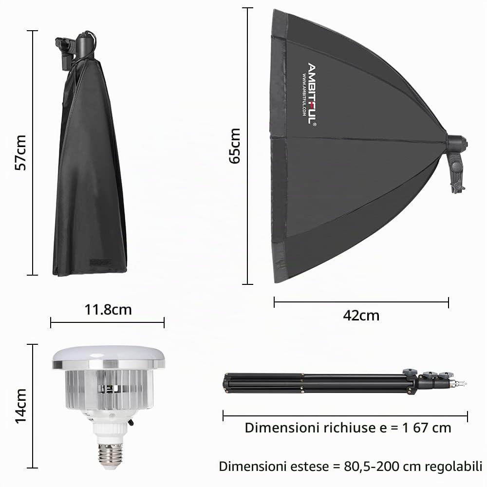 Kit di illuminazione per fotografia Softbox, 2 x AMBITFUL softbox da 65 cm con supporto per treppiede da 2 m e 2 lampadine LED bicolore da 50 W 3000-6500 K, illuminazione continua a LED