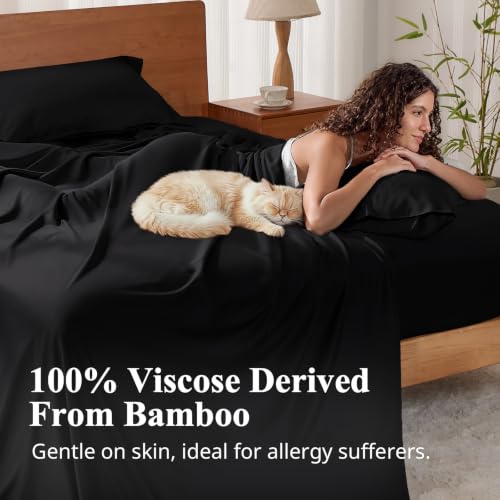 Image of Queen Size Sheet Set, Viscose Bamboo Sheets for Bed Set 4pcs, 100% Viscose Derived from Bamboo, Hotel Luxury Silky & Cooling for Hot Sleepers, Deep Pocket Up to 17 inch, Black