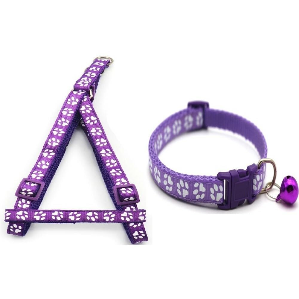 Small Dog Puppy Pet Collar and Harness Set Pawprint Design Nylon Adjustable Neck Size 19-32cm and Chest Size 21-34cm Purple - Image 2