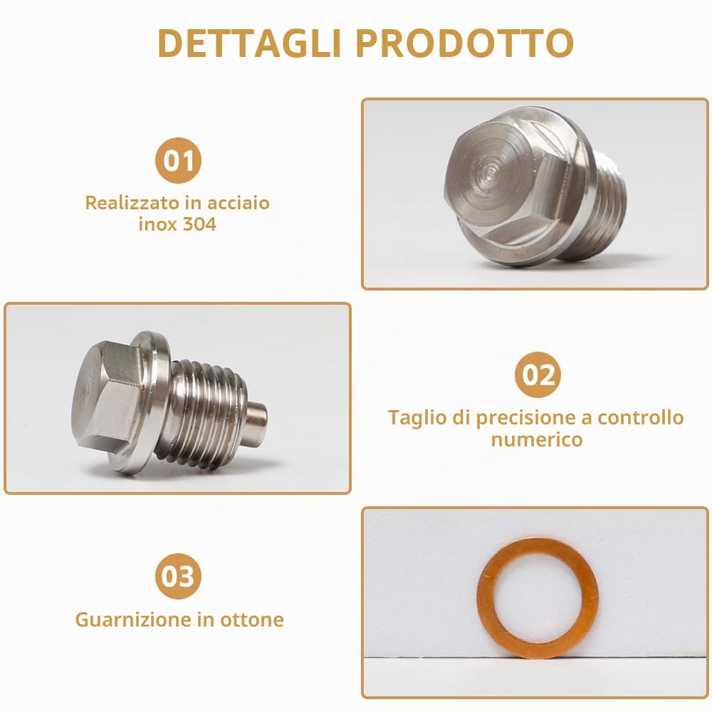 3 Pezzi Tappo di Scarico Olio M14x1,5 in Acciaio Inossidabile con 15 Guarnizioni in Rame, per Auto, Moto e Veicoli a Motore, Compatibile con la Maggior Parte dei Modelli