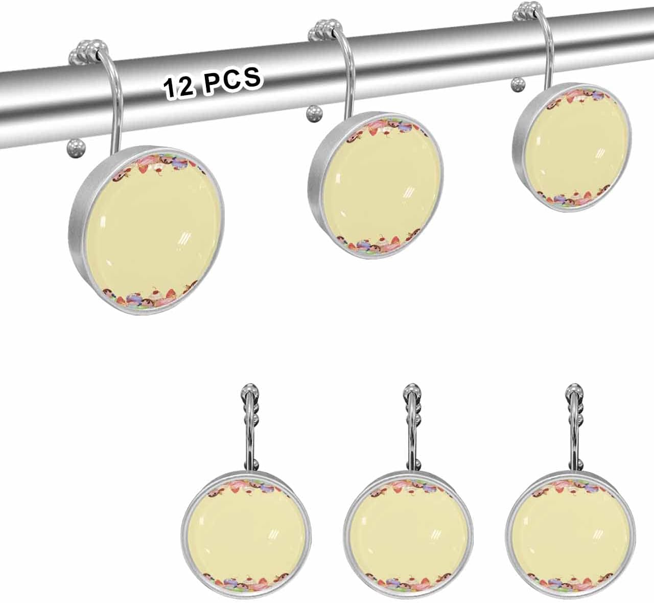 Shower Curtain Hooks 12 Pcs, Ice Cream Cake Vintage Cotton and Linen Background Stainless Steel Rust Proof Rolling Shower Curtain Rings, Decorative Shower Curtain Hooks Hangers for Bathroom