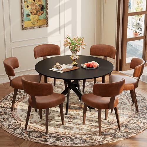 Image of Wood Dining Table Set for 6, 47 inch Round Kitchen Table with 6 Faux Leather Dining Chairs, MDF Tabletop with Metal Legs, Ergonomic Dining Chair with Metal Legs(Black Table with Brown Chairs)