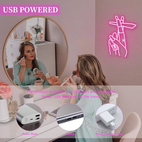 Image of WLHOPE Pink Led Hand Neon Sign for Wall Decor Gesture USB Nail Hand Man Cave Neon Light Sign for Bedroom Home Bar Girls Room Nail Room Salon Party Decor Gift for Women