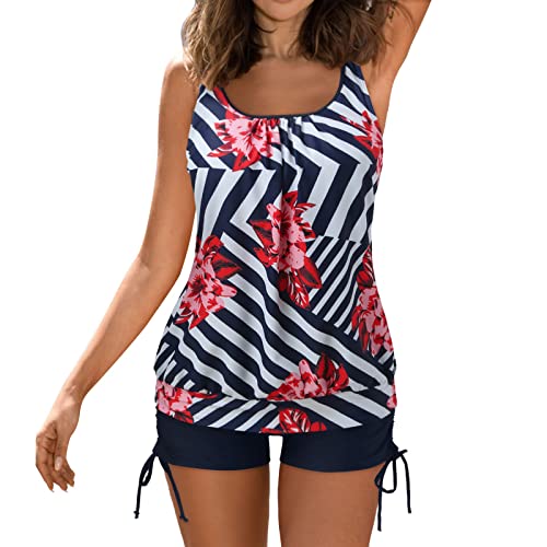 Tankinis para mujer, conjunto de estampado conservador, camiseta de natación de cuello alto modesto y pantalones cortos de niño con protección UV, rosso, S