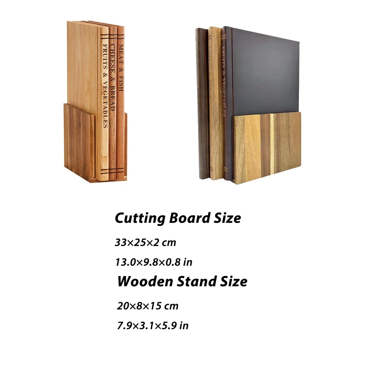 Juego de 3 Tablas de Cortar de Madera para Libros de Biblioteca, Antideslizantes con Ranura para Jugos, Fáciles de Guardar y con Soporte, Bandeja para Servir Carne, Verduras, Frutas(Marrón)