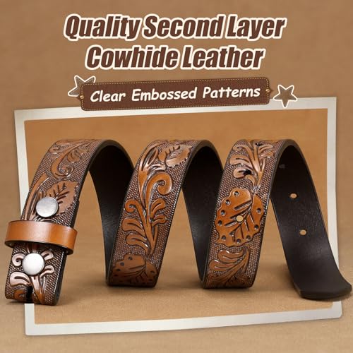Boys Girls Western Belt with 2.4" Width Longhorn Bull Horse Buckle, Kids Cowboy Cowgirl Genuine Leather Belt2