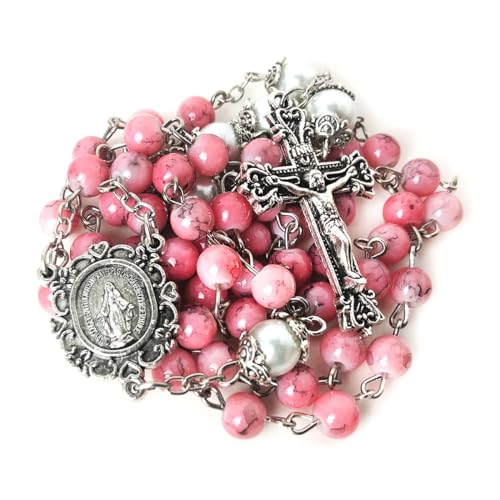 Catholic Heirlooms Virgin Mary Marbled Pink and Faux Pearl Acrylic Rosary and 5 Decade Rosary Bracelet Set2