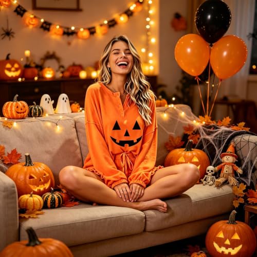 Image of Roshop Halloween Pajama Women's Pumpkin Matching Top & Shorts Loungewear Set