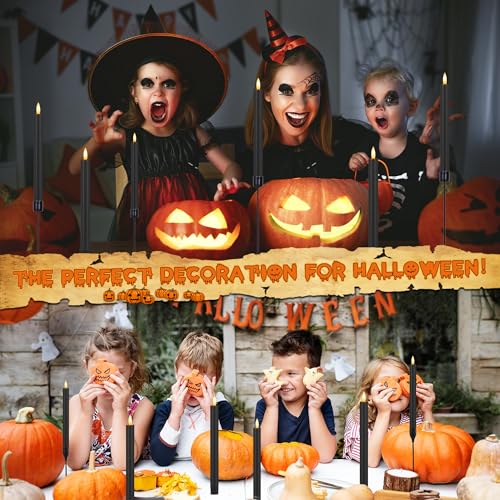 Image of Black Halloween Flameless Candles with Remote, 9.6 inch Wax LED Taper Candles | Battery Operated Candlesticks with 3D Wick, Dimmer, Flickering Mode, Table Mantel Home Indoor Party Festival Decor, 6 Pack