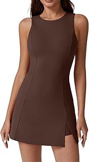 Womens Crew Neck Tennis Dress Sleeveless Side Slit Golf Athletic Dress Build in Shorts with Pockets - Buy now