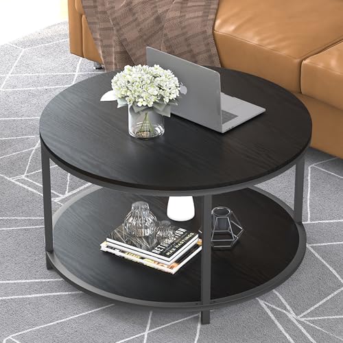 Image of NSdirect Round Coffee Table, 27.6 inch Small Coffee Table for Living Room,2-Tier Rustic Wood Desktop with Storage Shelf Modern Design Home Furniture(Black)