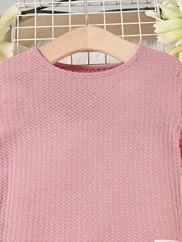 Oyoangle Girl's 2 Piece Outfits Short Sleeve Ribbed Knit Tee Shirt And Knot Front Leggings Set Pink 8Y #TOP4