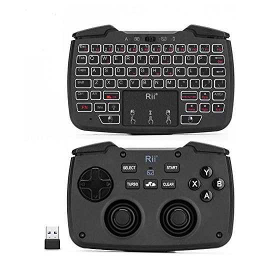 (Backlit Version)Rii RK707 3 in 1 Multifunctional 2.4GHz Wireless Portable Game Controller 62-Key Rechargeable Keyboard Mouse Combo Turbo Vibration Function for PC/Raspberry pi2/Android TV Google/TV B