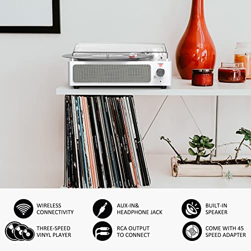 Image of Vinyl Record Player with Speakers Vintage Turntable for Vinyls Records, Belt-Driven Turntable Support 3-Speed, Wireless Playback, Headphone, AUX-in, RCA Line LP Vinyl Players for Sound Enjoyment White