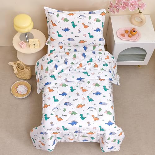 Image of Caressma Toddler Bedding Set Dinosaur Pattern Nursery Comforter for Kids | Cartoon Print 4 Pieces Toddler Bed In A Bag, White Bed Set With Comforter, Fitted Sheet, Flat Sheet & Pillowsham