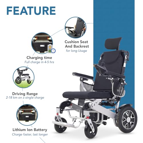 Image of Everactiv EcoPower Heavy Duty Electric Wheelchair | Lithium Ion Battery | Air Travel Friendly | Foldable & Portable Motorized Wheelchair | Comes With Remote for attendant | Aluminium Made | Additional Headrest | Reclining Function