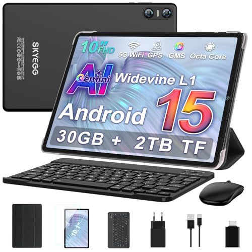 SKYEGG Android 15 Tablette 10 Pouces avec Gemini AI, 30 Go RAM + Extensible Jusqu'à 2 to ROM, Widevine L1, Octa-Core, 5G WiFi, 6000 mAh, BT 5.0, Tablette...
