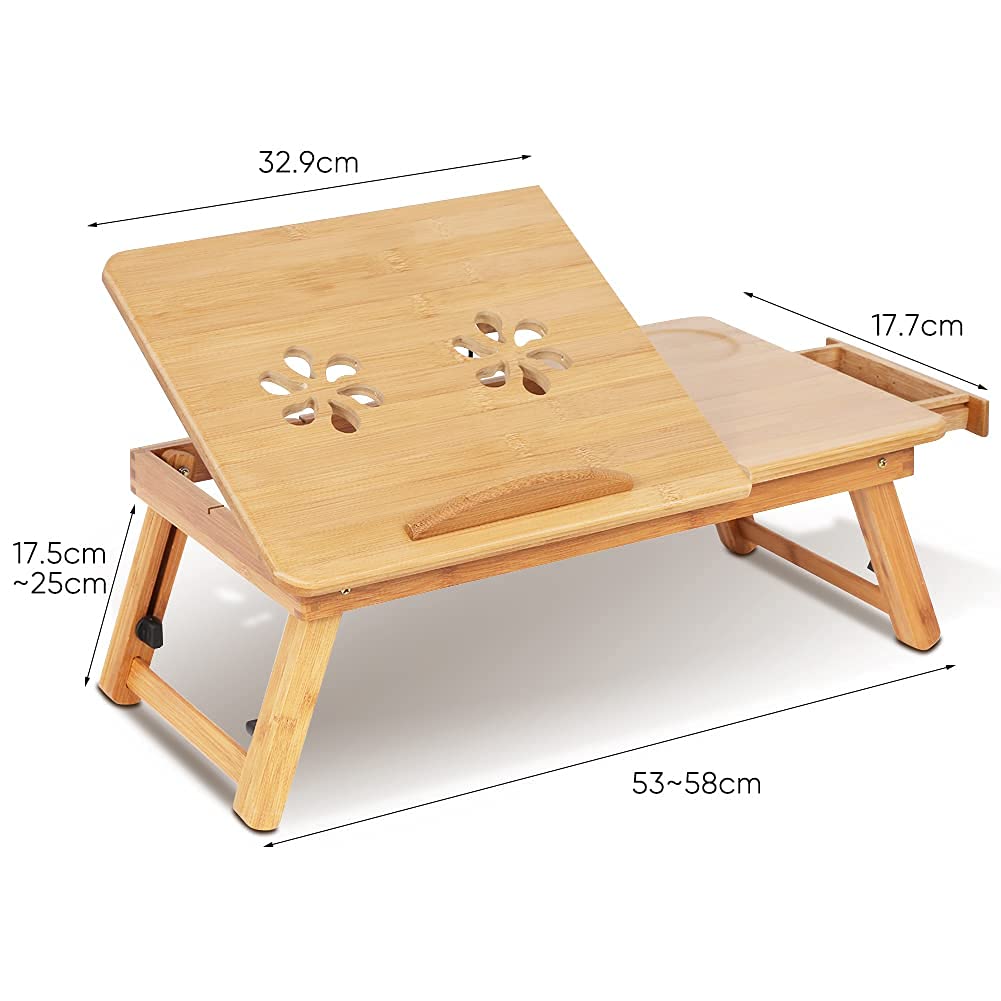 Escritorio portátil de bambú para Cama, con Patas Ajustables para Laptop con Tapa abatible y cajón para sofá Cama