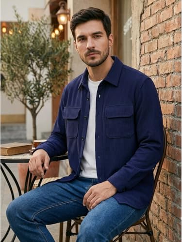 Image of DEELMO Men's Full Sleeve Corduroy Shirt | Stylish Textured Casual Button-Down Shacket for Autumn Winter | Dual Pocket Front Design | Ideal for Layering and Daily Outfits
