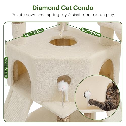 Torre para gatos Vibrissia 68 pulgadas beige con dos plataformas grandes miniatura 2