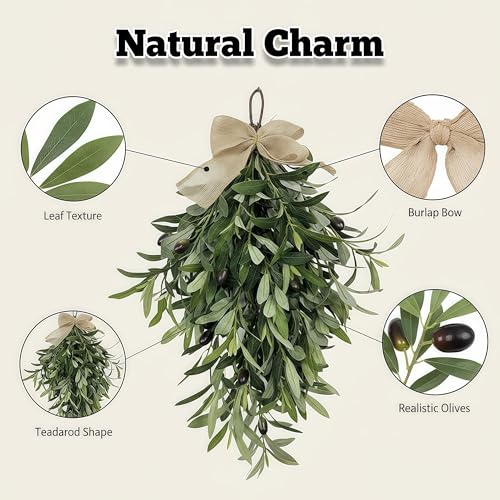 2026 Spring Olive Branch Teardrop Swag 24 Inch, Extra Full & Thick Faux Greenery with Upgraded Ribbon & Textured Leaves, Sturdy Farmhouse Hanging Wreath for Door, Wedding Arch, Kitchen (Green 1Pcs) - Image 4