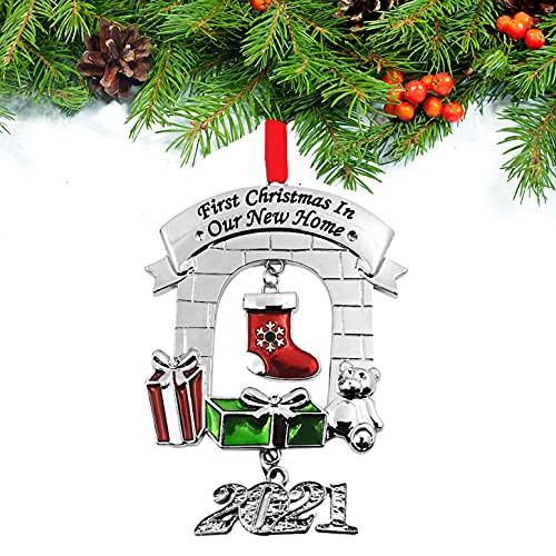 FKOG 2021 Metal Our First Christmas in Our New Home Ornaments Housewarming Gift Homeowner Present Xmas Tree Decoration Ornament Romantic for Couples (Silver New Home)