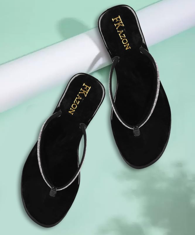 Image of Women's Stylish Flat Sandals - Elegant Flip-Flops with Sparkling Strap|FK 804 BLACK