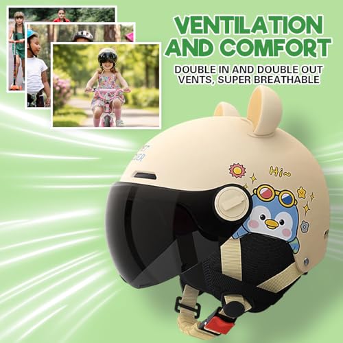 Image of Proberos Kids Bike Helmet for Boys & Girls Ages 5-12, UV400 Sun-Proof Goggle Lightweight Cartoon Bike Helmet with Detachable Ear Guards, Adjustable Chin Strap, Cushion Liner Design, Beige
