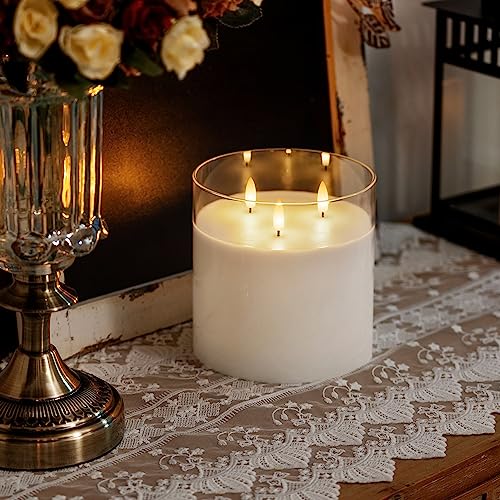 Image of Homemory 6X6'' Extra Large Flameless Candle with 3 Wicks, Glass LED Pillar Candle, Real Wax Battery Operated Candle with Remote Control and Timer, Pure White