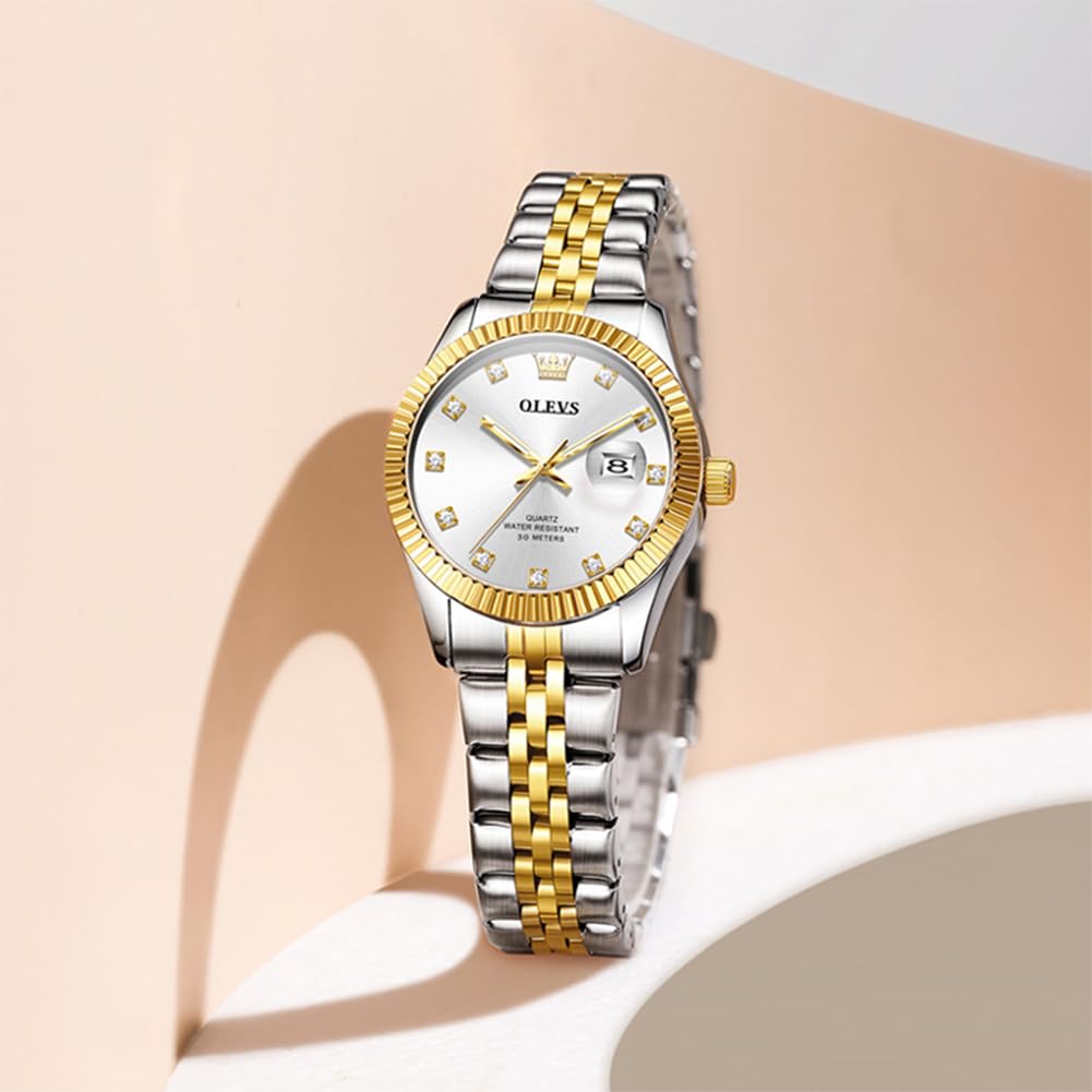 OLEVS Armbanduhr für Damen, silberfarben, Diamant-Damenuhren für kleines Handgelenk, luxuriös, Edelstahl, wasserdicht, analog, Quarz, Datum, elegant, Reloj para Mujer