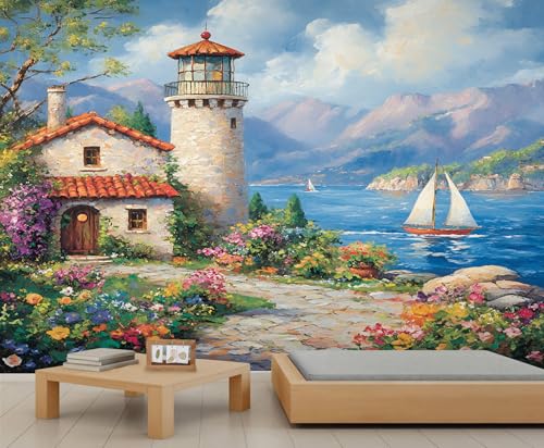 YEMYOR Posters de phare côtier italien Fond d'écran Cottage de bord de mer Salon Mural Wallpapers Retro Village européen Mural Loyer Amiable Fond...