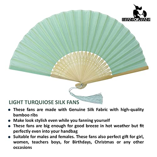 Image of Fabric Handheld Folding Hand Fan with a Tassel Grade A Bamboo Ribs for Women Girls Summer Party Event Favor Birthday Wedding Souvenir Gift (Light Turquoise)