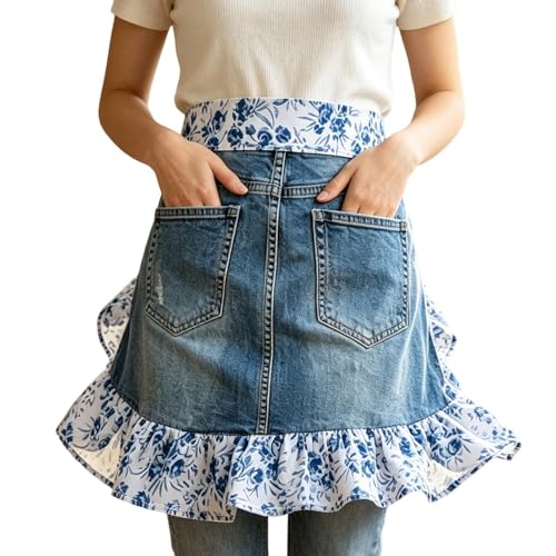 Tablier en jean bordure dentelle florale pour sublimer vos moments en cuisine et pâtisserie