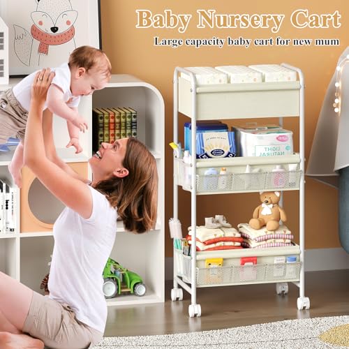3-Tier Baby Diaper Caddy Cart Organizer,Mobile Nursery Storage Carts with Wheels,With 2 Dividers&14 Mesh Pockets Durable Metal Utility Cart for Nursery, Bedroom, Bathroom, Baby Essentials Organization by Cidaziya - Used condition - Image 3