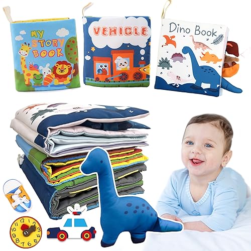 Image of Richgv Baby Books 0-6-12 Months, 3pcs Valentine's Gifts, Touch and Feel Crinkle Books With Dino Doll, Newborn Infant Carseat Toys, Teething Toys, Christmas Stocking Stuffers