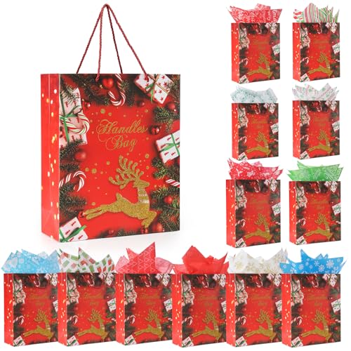 Rusikia Mini 12 Christmas Gift Bags with 12 Tissues Paper 1 Satin Ribbon, Red Thick Goodie Bags Bulk with Handles, Glittery Cute Merry Deer Paper Gift Bag for Xmas Wrapping Present (Small 9"x7"x3")