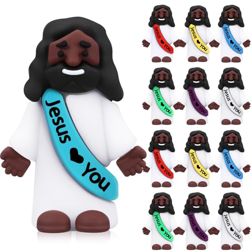 Bememo 12pcs Mini Black Jesus Loves You Figures Little Jesus Figures Bulk to Hide and Seek Religious Christian Party Favors Sunday School Church Share Gifts(Bright Colors)