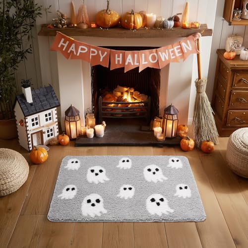 Gray Halloween Bath Mat – Cute Ghost Decor Mat Non-Slip Light Gray Bathroom Rug Soft Spooky Bath Rug for Shower, Bedroom, Living Room