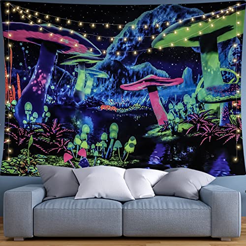 Dremisland Schwarzlicht Pilz Wandteppich Psychedelischer UV Reaktives Galaxie Tapisserie Wand Wandtuch Pflanze Landschaft Wandteppich Sternenhimmel Wandbehang für Schlafzimmer Heim Dekoration