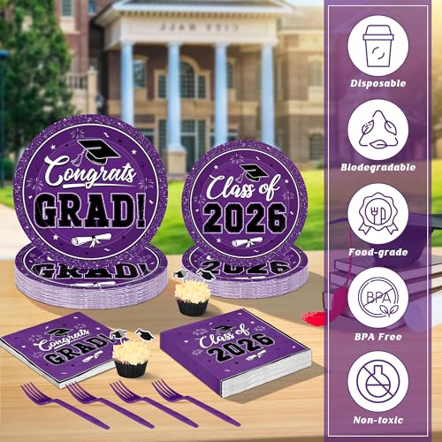 Image of Graduation Party Supplies Set for 50 Guests, Purple Graduation Plates and Napkins 2026, 200Pcs Disposable Grad Plates, Napkins, Dessert Plates and Forks for 2026 Wedding, Birthday, School Ceremony