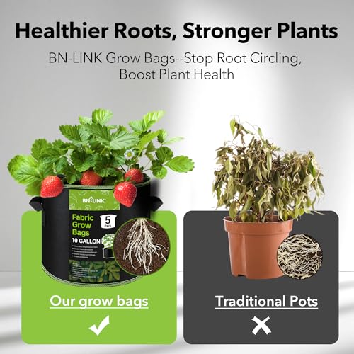 Image of BN-LINK 5-Pack 10 Gallon Grow Bags, Heavy Duty Aeration Fabric Pots with Handles, Thickened Nonwoven Plant Bags for Vegetables, Flowers, Fruits