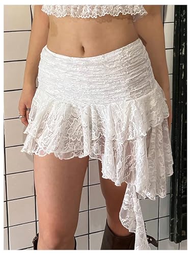 Women's Y2K Lace Ruched Skirts Asymmetrical Ruffle Hem Drop Waist Mini Skirts4