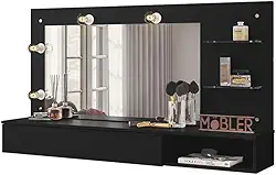 Penteadeira Camarim Suspensa com Espelho, Iluminação LED, Prateleiras, Branca (Preto)