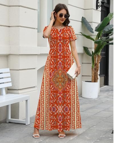 Image of COSSEN Women's Crew Neck Short Sleeve Maxi Dress with Pockets Casual Loose Swing for Wedding Guest Beach Vacation