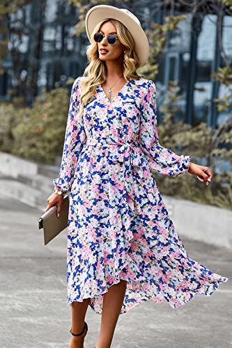 Image of PRETTYGARDEN Women's Floral Boho Dress Fall Long Sleeve Wrap V Neck Ruffle Flowy Maxi Spring Wedding Guest Vacation Dresses