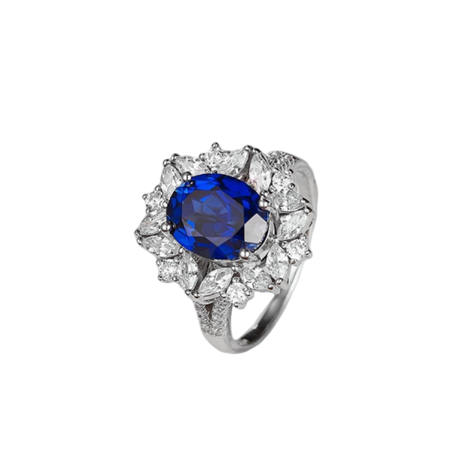 Ring Damen Gold Weiss Luxuriöser ovaler Saphir im Blumendesign (3,7 ct) mit Moissanit, Goldring Echtgold für Sie Größe 47 (15.0)-65 (20.7)| 9K 14K 18K Weißgold | Trendiger Modeschmuck