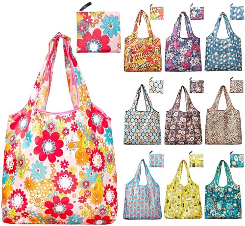 El Mejor Listado de Cubos para usar con bolsas de la compra - 5 favoritos. 45 Bolsas Plegables Reutilizables 10PCS, Bolsa de Poliéster de Gran Capacidad de 55 libras, Bolsas de Tela Ecologicas para Supermercado para Frutas, Verduras y Comestibles, Bonitas...