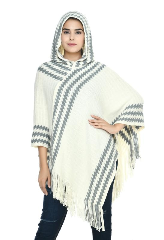 MANRA Women Woolen V-Neck Solid Poncho Hoodie Cape with Tassels Knitted Fringed for Winters (SC 103)-image-24