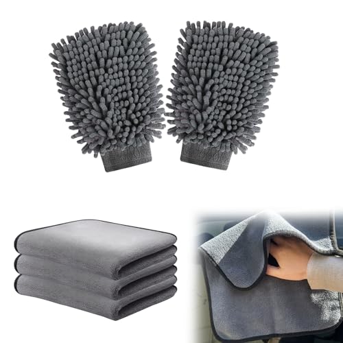 Quorlis Car Cleaning Kit - 5Pcs Car Washing Kit with 3 Microfibre Cleaning Cloths & 2 Wash Mitt, Dual-Sided 600GSM Dry Towels for Auto Care, Detailing, Polishing, Waxing, Interior & Exterior