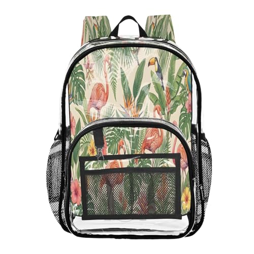 Mochila transparente resistente con bolsillos diseño Flamingo Palm Tree